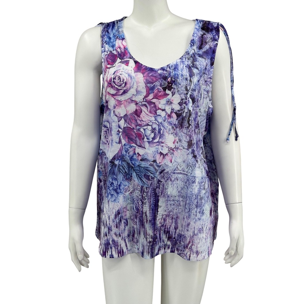 Concepts Top Womens 2XL‎ Purple Floral Sheer Embellished Tank V-Neck Y2K Fairy